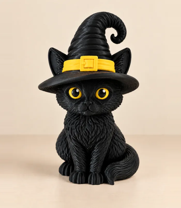 Schwarze Katze mit Hexenhut | Halloween Dekoration