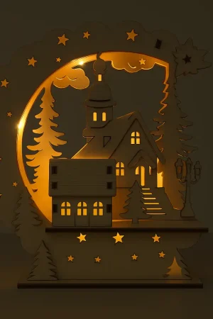 Schwibbogen mit Kapelle – Winterliches Weihnachtsdorf beleuchtet