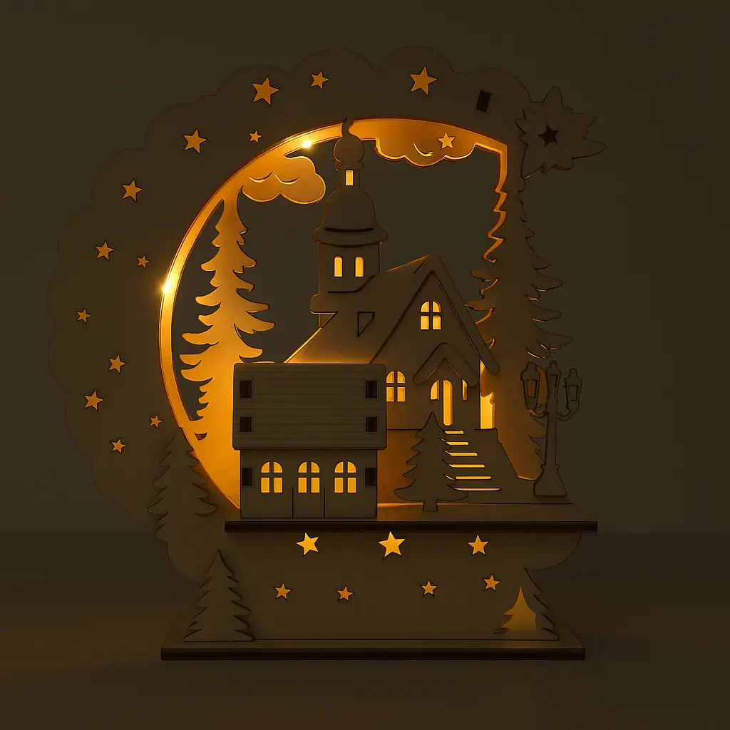 Schwibbogen mit Kapelle – Winterliches Weihnachtsdorf beleuchtet