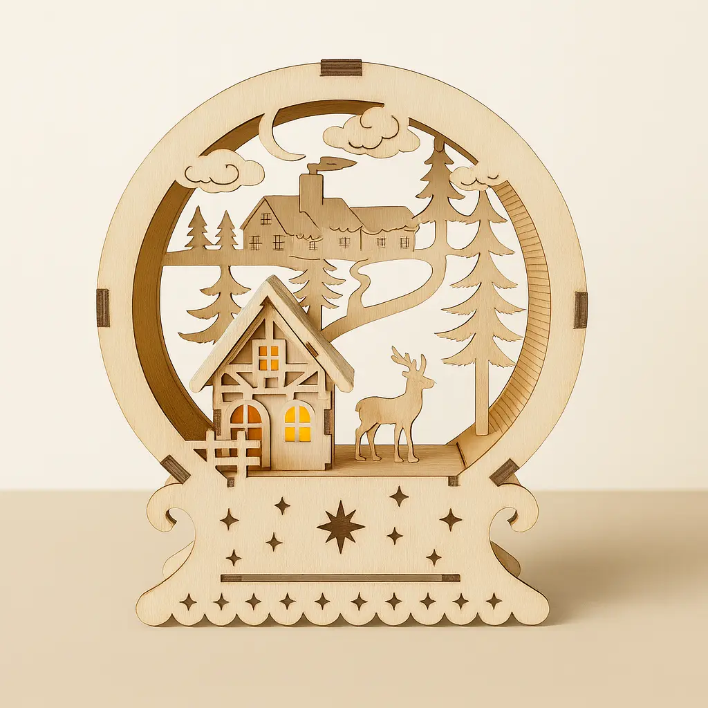 Schwibbogen Winterlandschaft – Gesamtansicht mit Haus, Rentier und Tannen