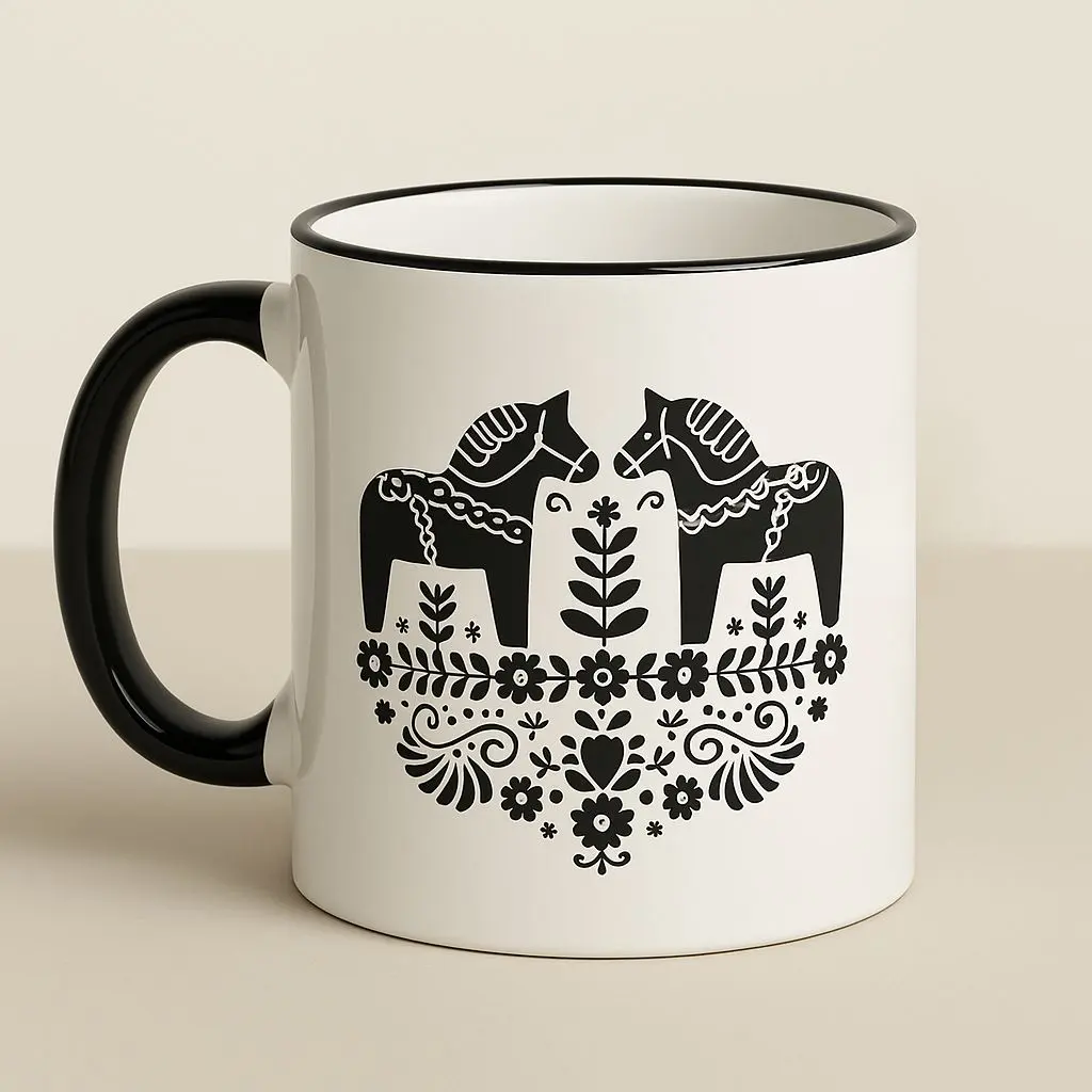Dalahäst Tasse mit zwei Pferden im folkloristischen Schwarz-Weiß-Design – Keramiktasse 330 ml, spülmaschinen- und mikrowellengeeignet