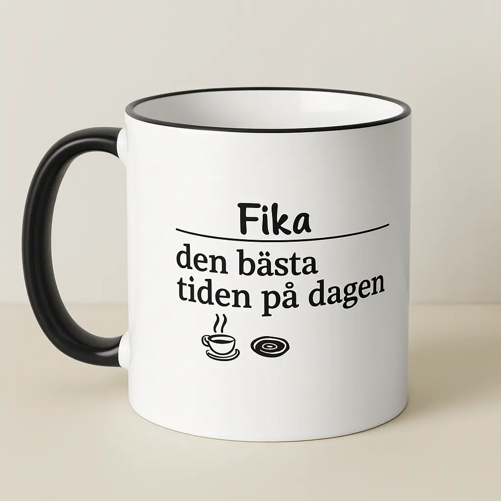 Tasse mit schwedischem Spruch „den bästa tiden på dagen“ – Keramiktasse 330 ml, spülmaschinengeeignet