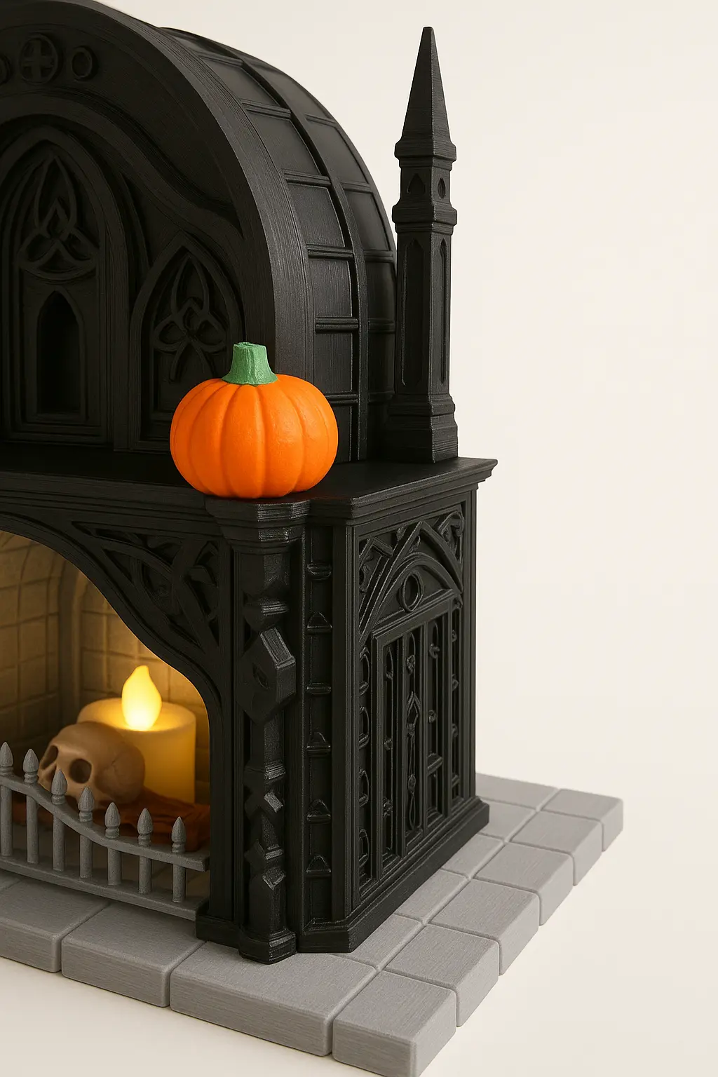 Halloween Kamin Dekoration im Gothic-Stil mit LED-Teelicht beleuchtet Detailansicht