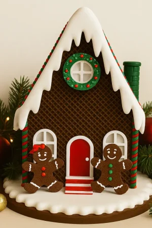 Vorderansicht des Lebkuchenhauses – festliche Weihnachtsdeko