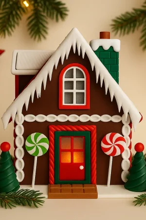 Lebkuchenhaus aus 3D-Druck mit Schneeverzierung, Zuckerstangen und Türdeko – Vorderansicht
