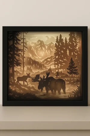 Leuchtrahmen Elche im Wald beleuchtet – dekorative LED Deko