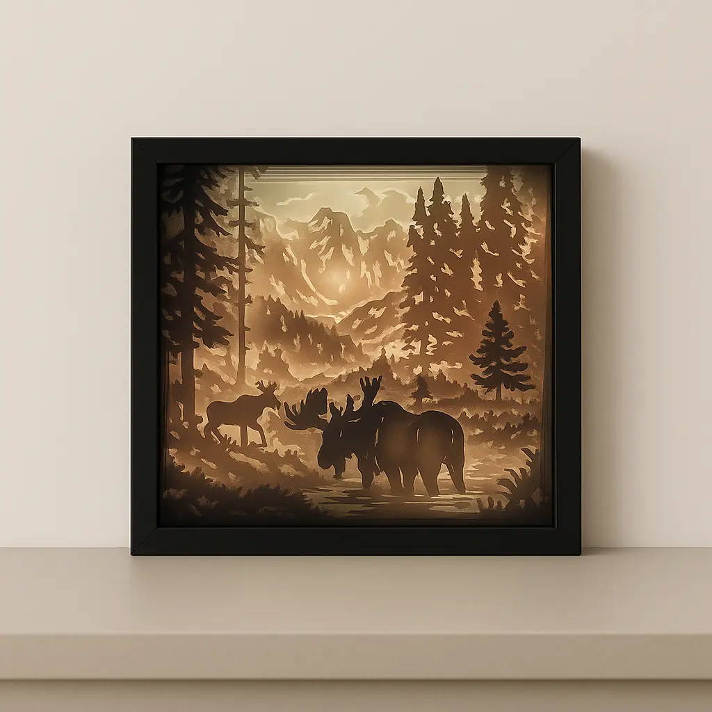 Leuchtrahmen Elche im Wald beleuchtet – dekorative LED Deko