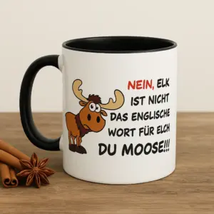 Elch Tasse mit humorvollem Spruch und niedlichem Elch-Motiv – Keramiktasse 330 ml, 330 ml, mikrowellengeeignet