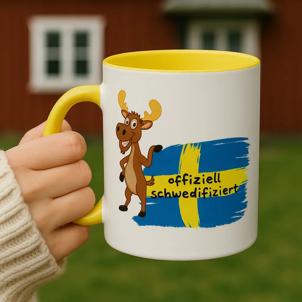 Schweden Tasse lustiger Elch mit Flagge