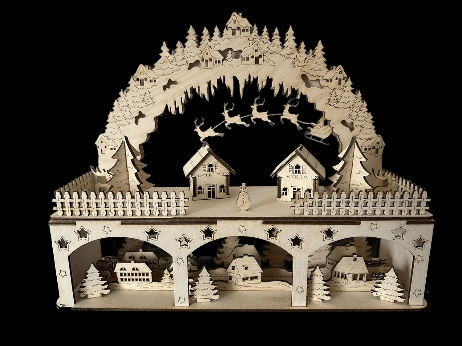 Schwibbogen Weihnachtsdorf mit Winterlandschaft, beleuchtet, schwarze Hintergrunddarstellung
