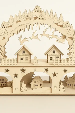 Schwibbogen Weihnachtsdorf aus Holz mit Winterlandschaft auf 2 Etagen, gerade Frontalansicht