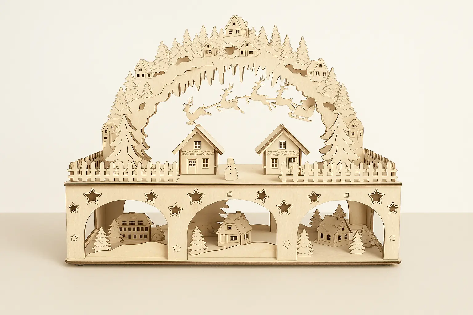 Schwibbogen Weihnachtsdorf aus Holz mit Winterlandschaft auf 2 Etagen, gerade Frontalansicht