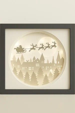 Weihnachtsdorf Leuchtrahmen beleuchtet – LED Weihnachtsdeko mit Rentierschlitten