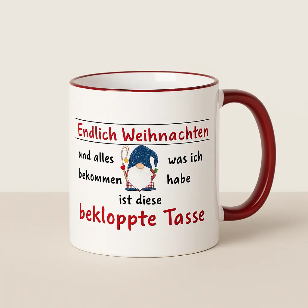 Weihnachtstasse mit Spruch „Endlich Weihnachten … bekloppte Tasse“ – Keramiktasse mit rotem Henkel, witzige Geschenkidee zu Weihnachten