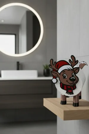 Lustige weihnachtliche WC Deko mit Rentier Klopapierhalter Rudi auf einer Kommode im Badezimmer
