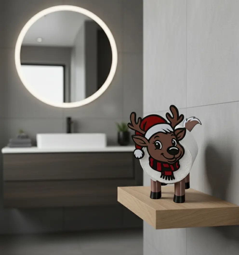 Lustige weihnachtliche WC Deko mit Rentier Klopapierhalter Rudi auf einer Kommode im Badezimmer