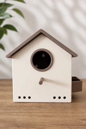 Vogelhaus Nistkasten mit Futterstelle in modernem Design